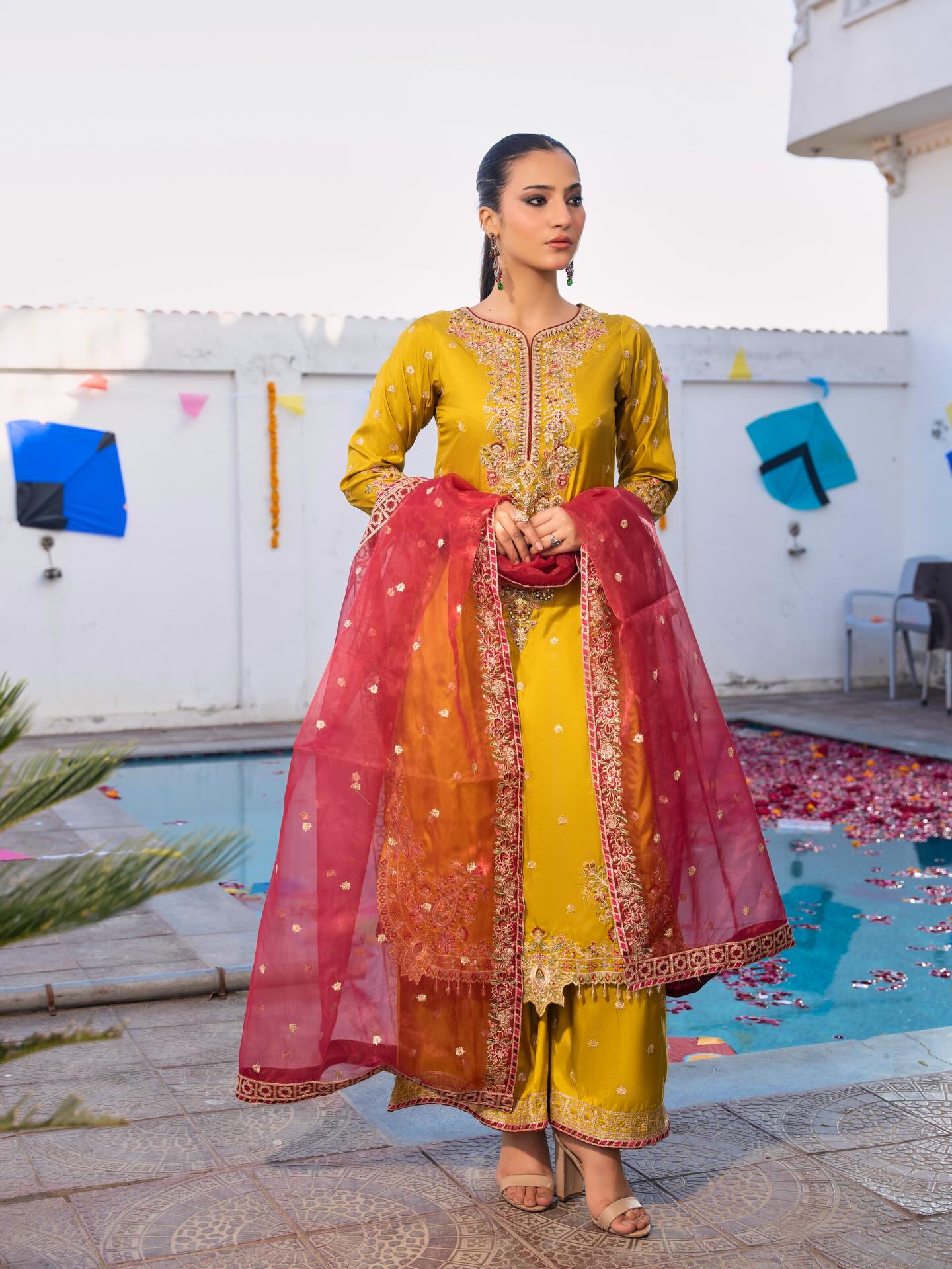 Mustard Brder Cutt Work Silk 3PC