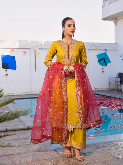 Mustard Brder Cutt Work Silk 3PC