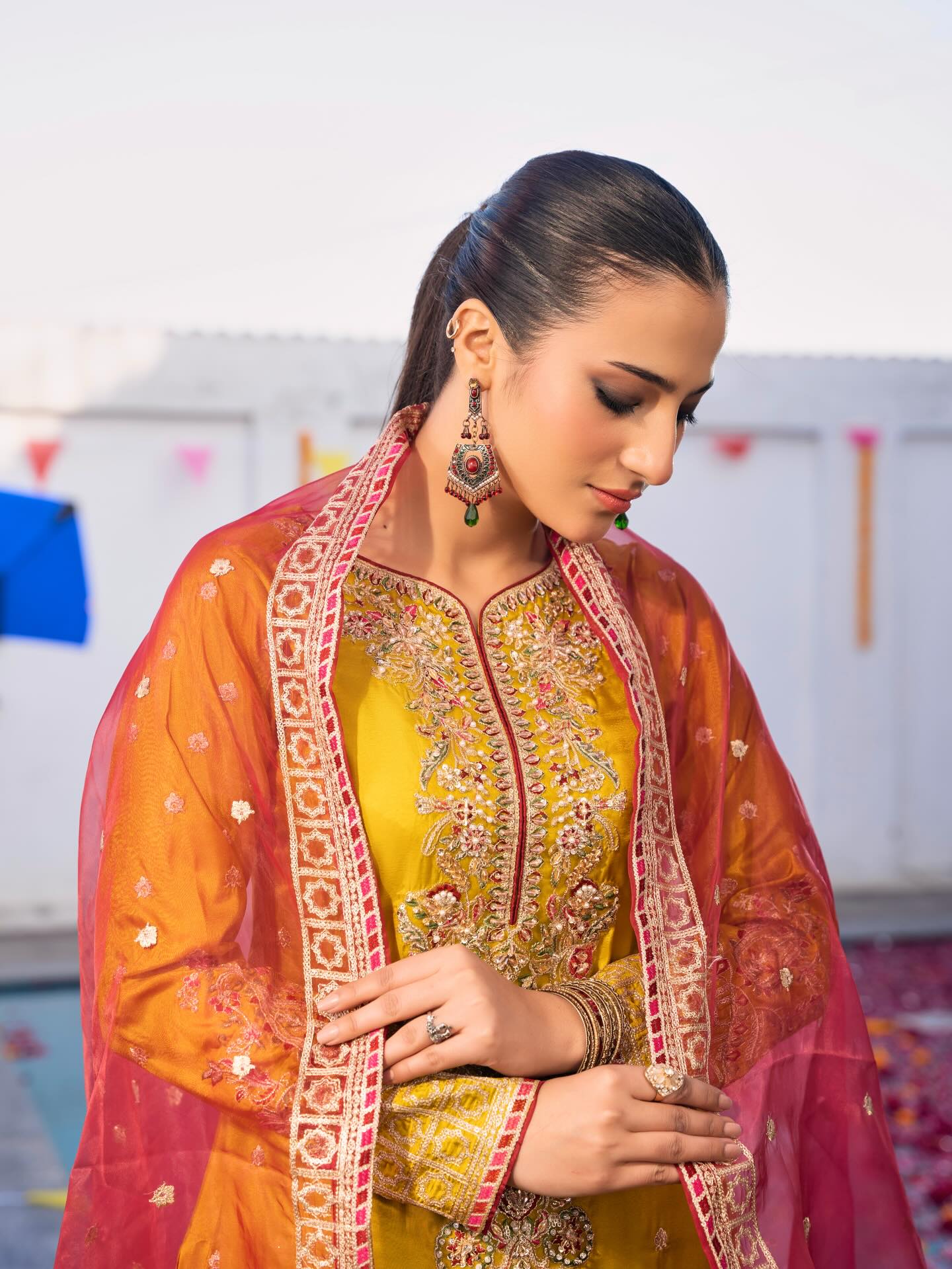 Mustard Brder Cutt Work Silk 3PC