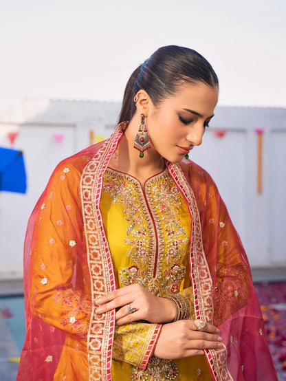 Mustard Brder Cutt Work Silk 3PC