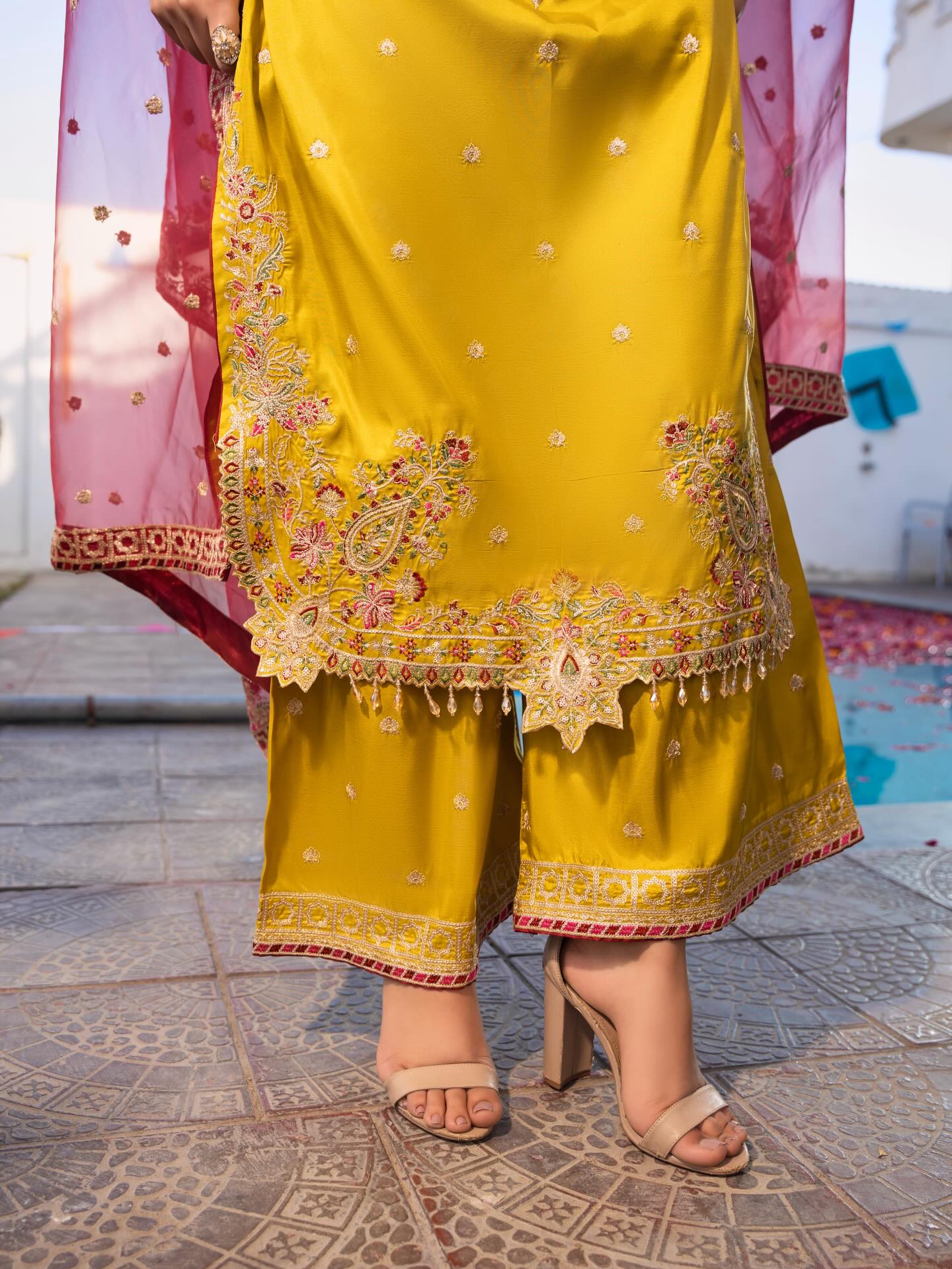Mustard Brder Cutt Work Silk 3PC