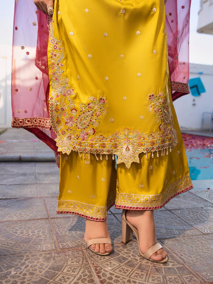 Mustard Brder Cutt Work Silk 3PC