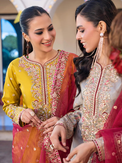 Mustard Brder Cutt Work Silk 3PC